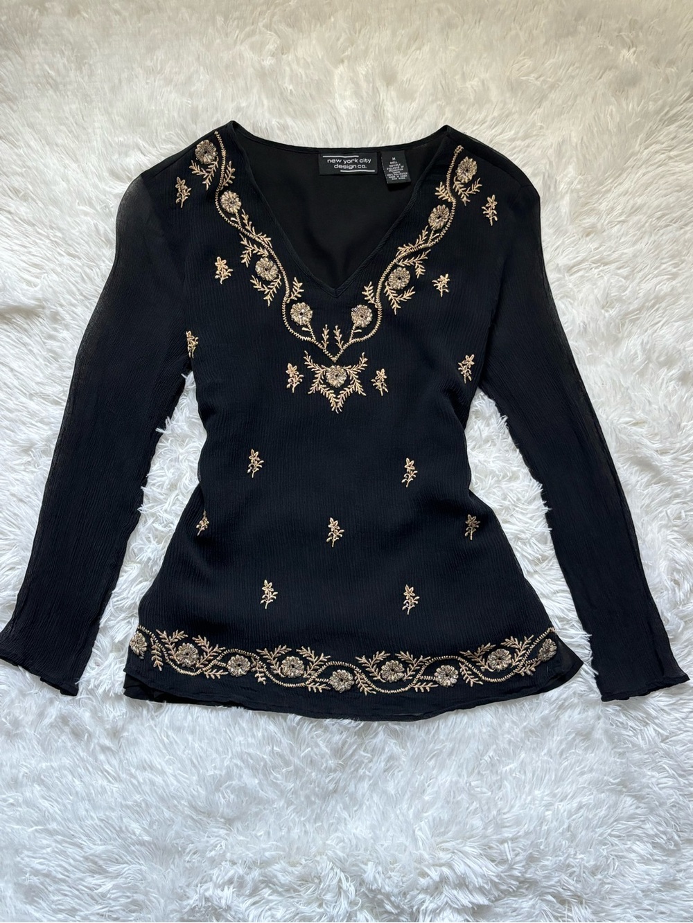 Black Embroidered and Beaded Long Sleeve Top